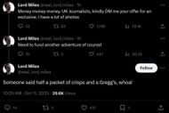 Lord Miles' social media posts, dated October 11, 2023 (Image via X)